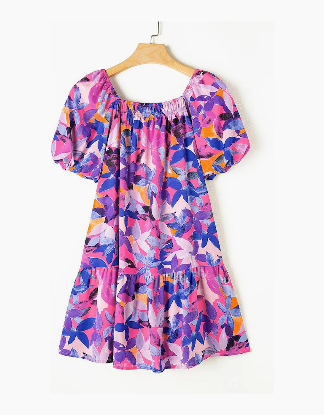 Purple Flower Print Short Puff Sleeve Ruffled Dress
