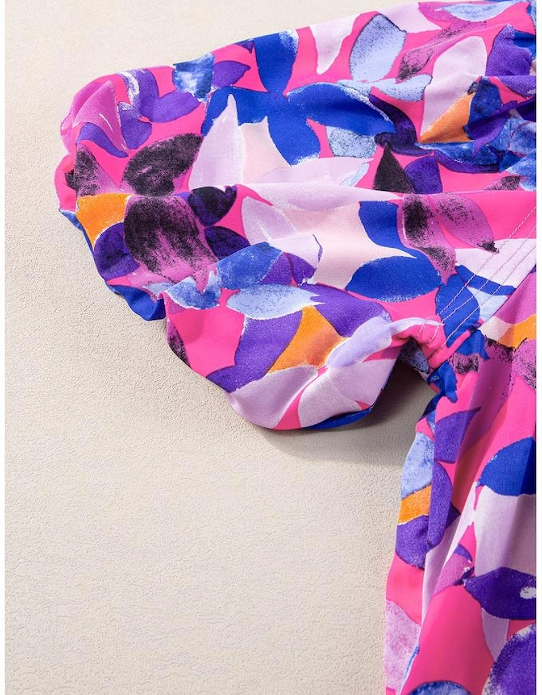 Purple Flower Print Short Puff Sleeve Ruffled Dress