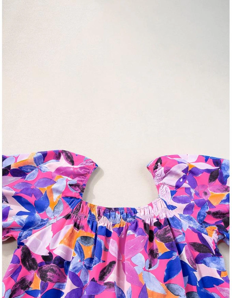 Purple Flower Print Short Puff Sleeve Ruffled Dress