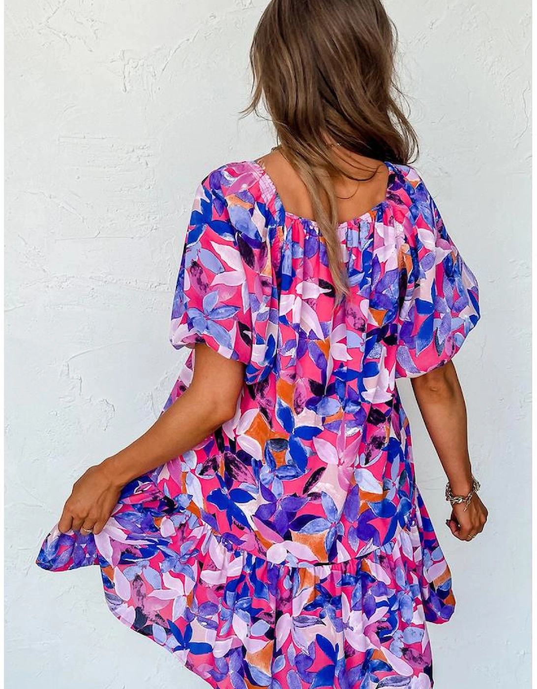 Purple Flower Print Short Puff Sleeve Ruffled Dress