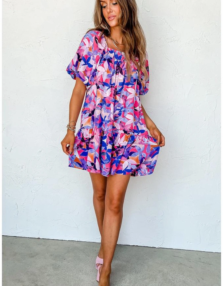 Purple Flower Print Short Puff Sleeve Ruffled Dress