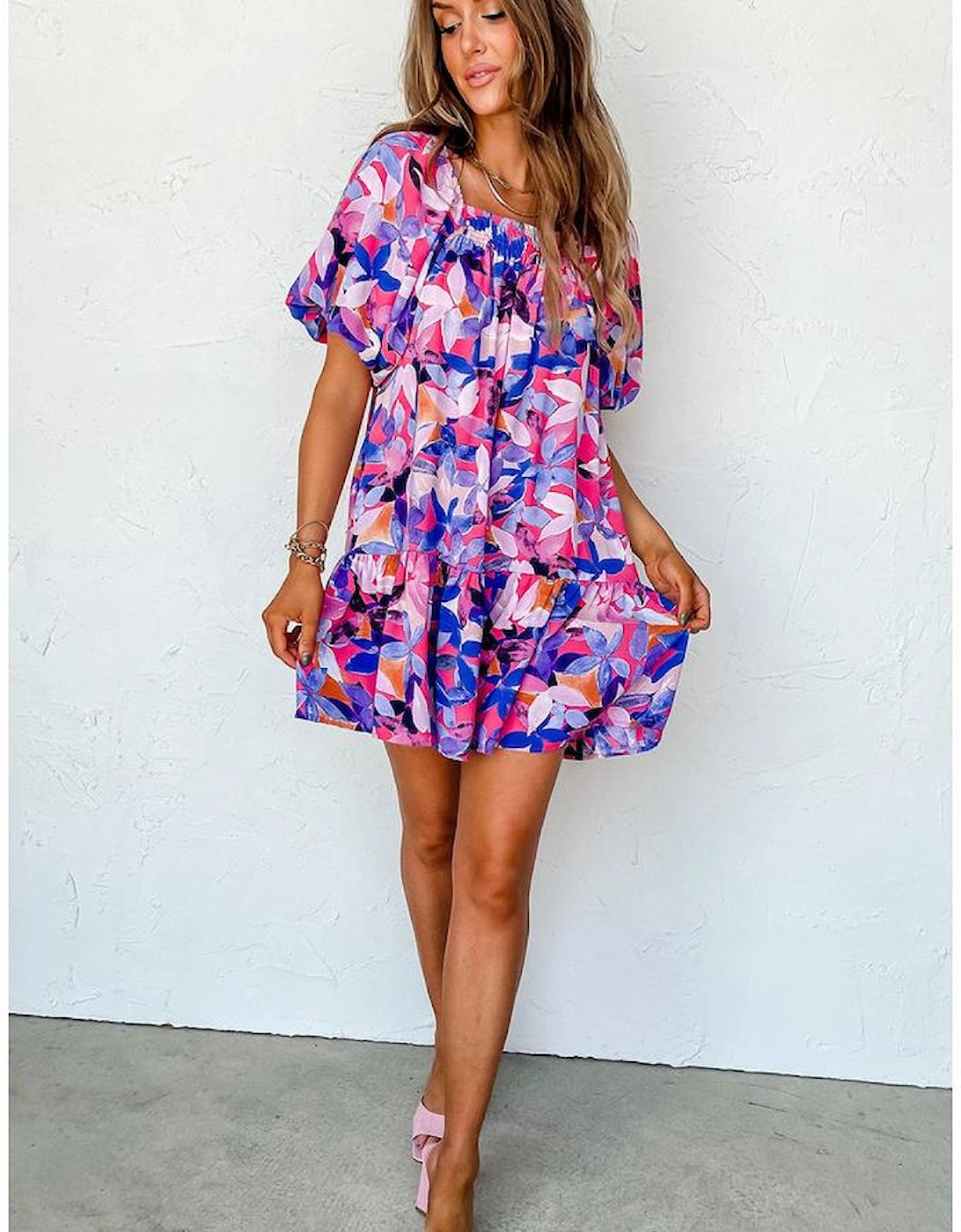 Purple Flower Print Short Puff Sleeve Ruffled Dress