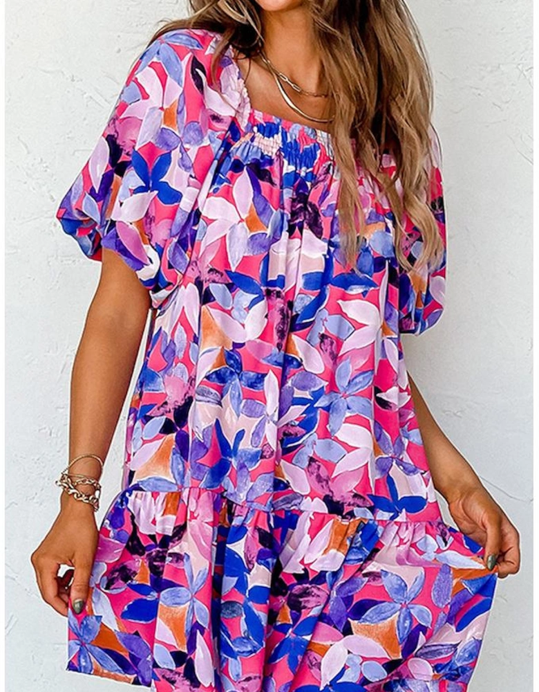 Purple Flower Print Short Puff Sleeve Ruffled Dress