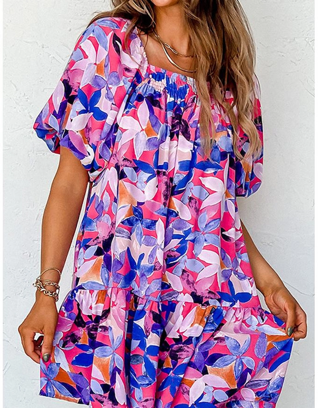 Purple Flower Print Short Puff Sleeve Ruffled Dress