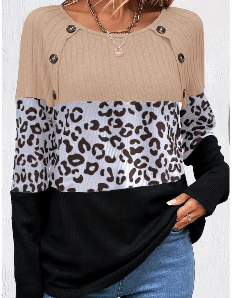 Black Cheetah Textured Patchwork Buttoned Round Neck T Shirt