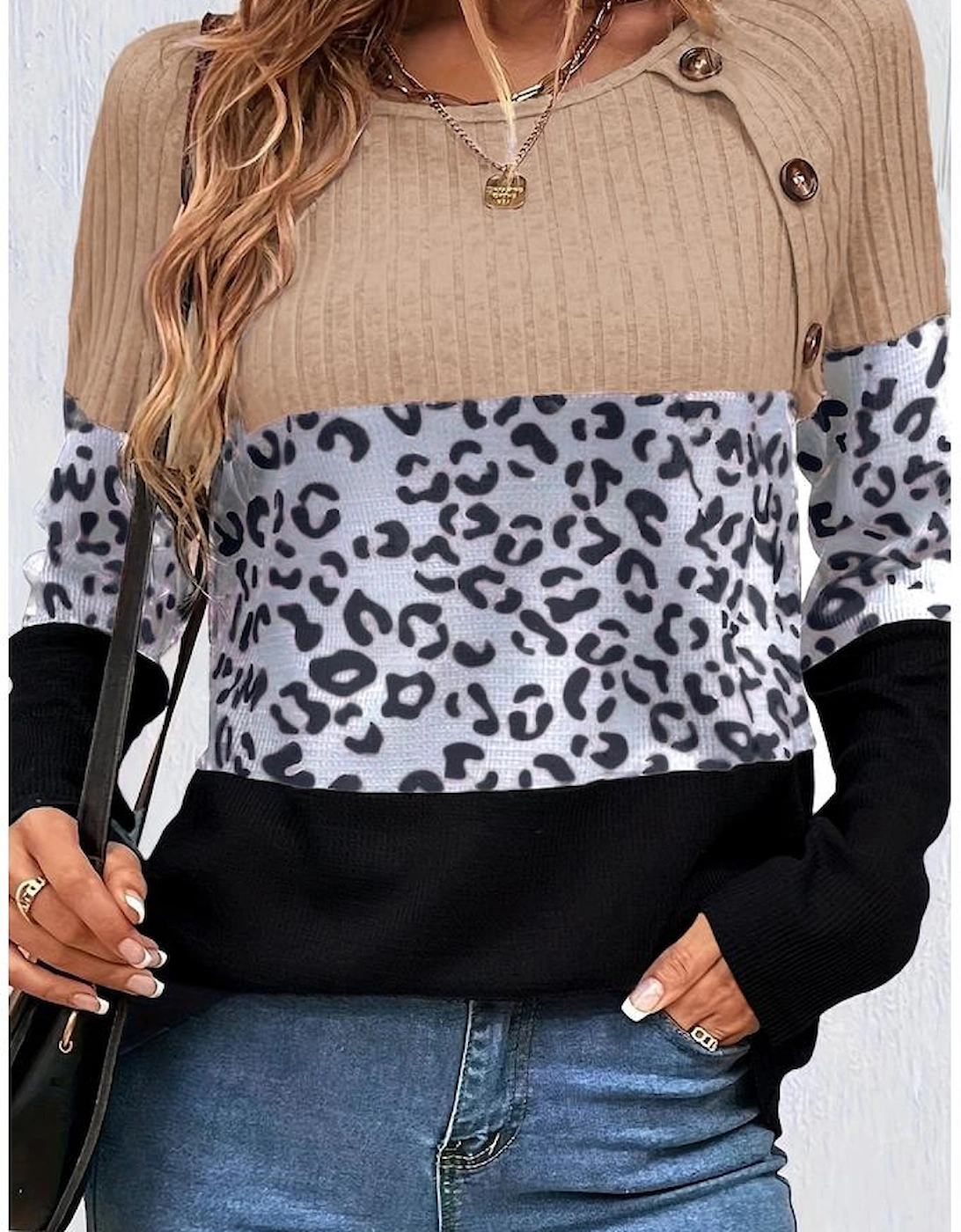 Black Cheetah Textured Patchwork Buttoned Round Neck T Shirt