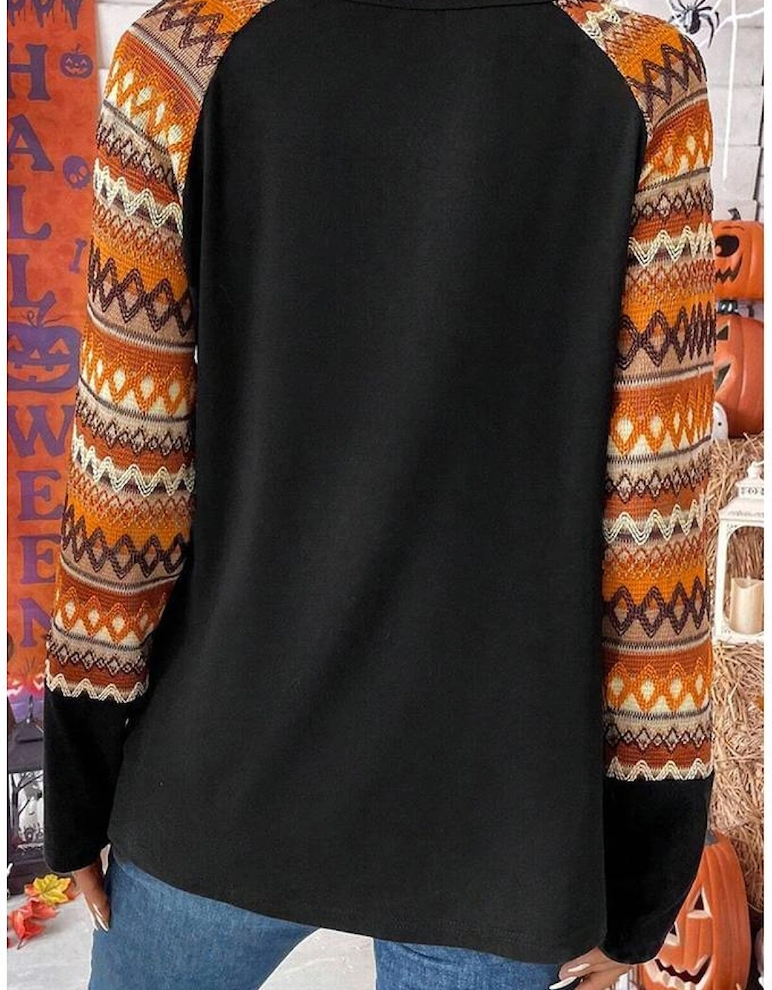 Orange Cute Pumpkin Graphic Geo Print Raglan Long Sleeve Tee