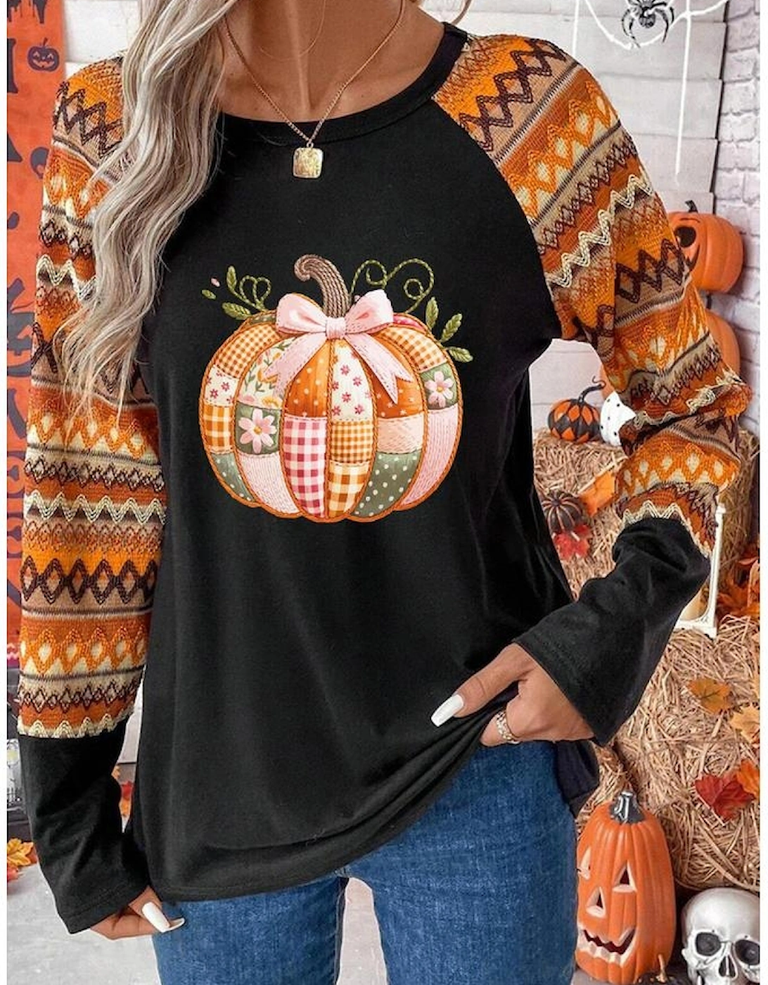 Orange Cute Pumpkin Graphic Geo Print Raglan Long Sleeve Tee