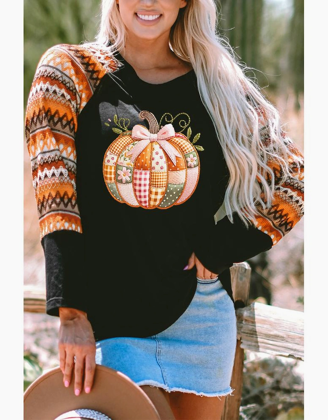 Orange Cute Pumpkin Graphic Geo Print Raglan Long Sleeve Tee