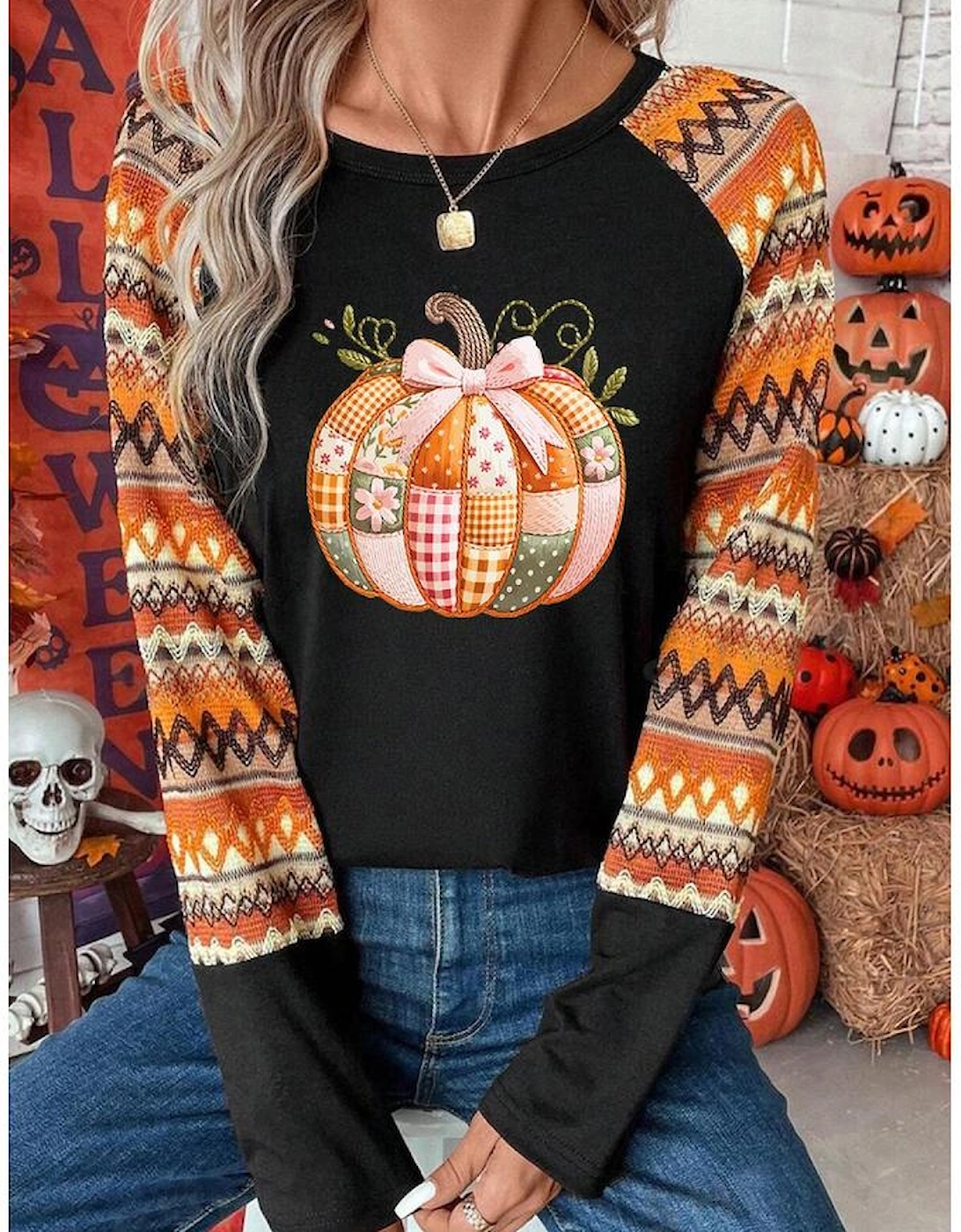 Orange Cute Pumpkin Graphic Geo Print Raglan Long Sleeve Tee