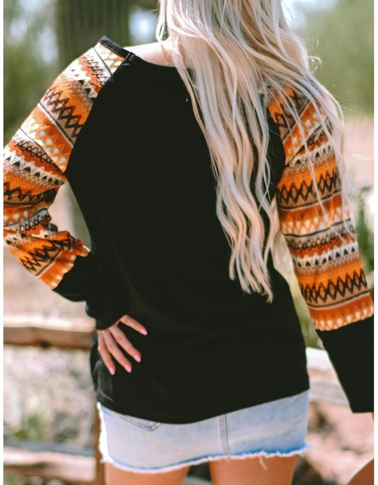 Orange Cute Pumpkin Graphic Geo Print Raglan Long Sleeve Tee