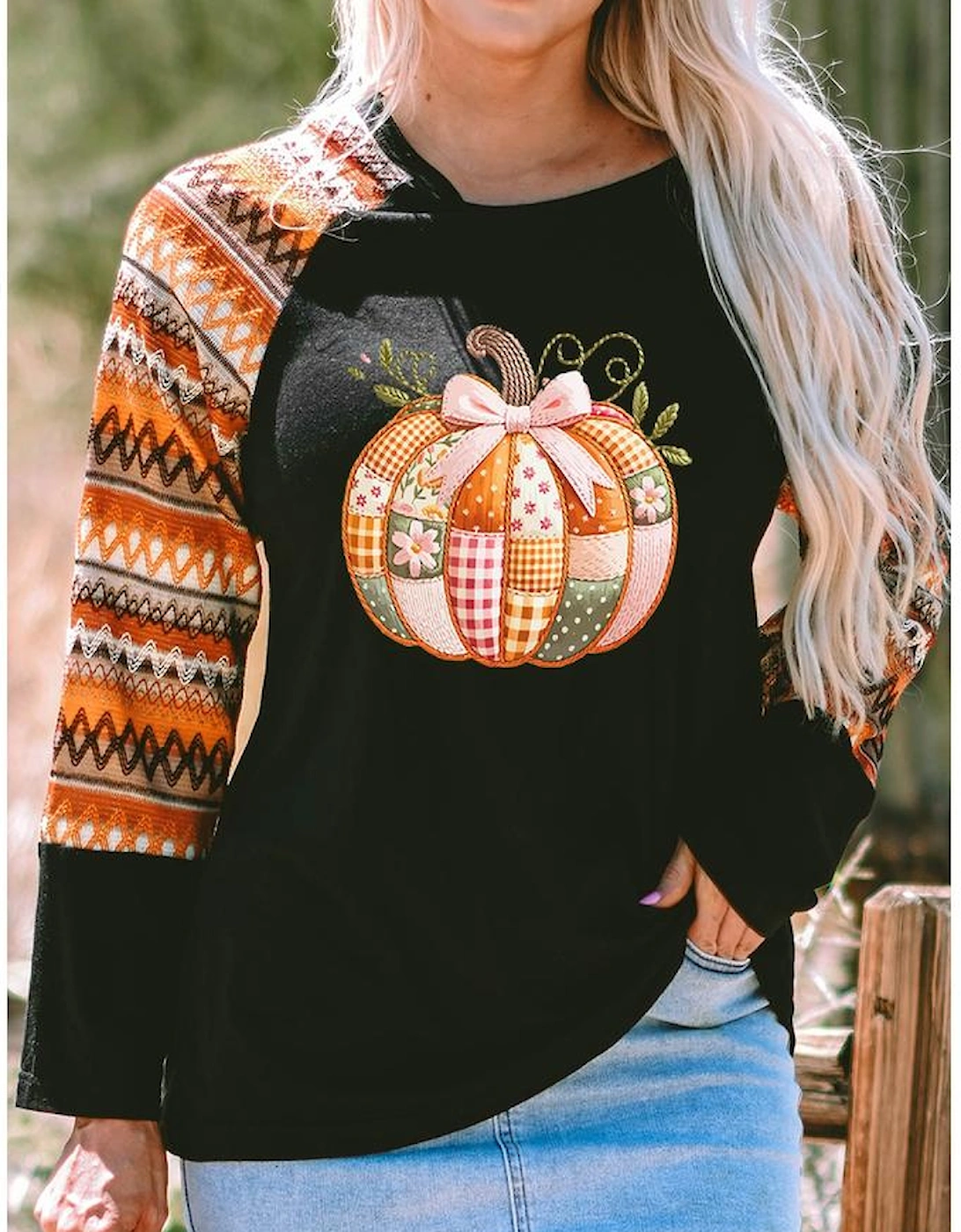 Orange Cute Pumpkin Graphic Geo Print Raglan Long Sleeve Tee
