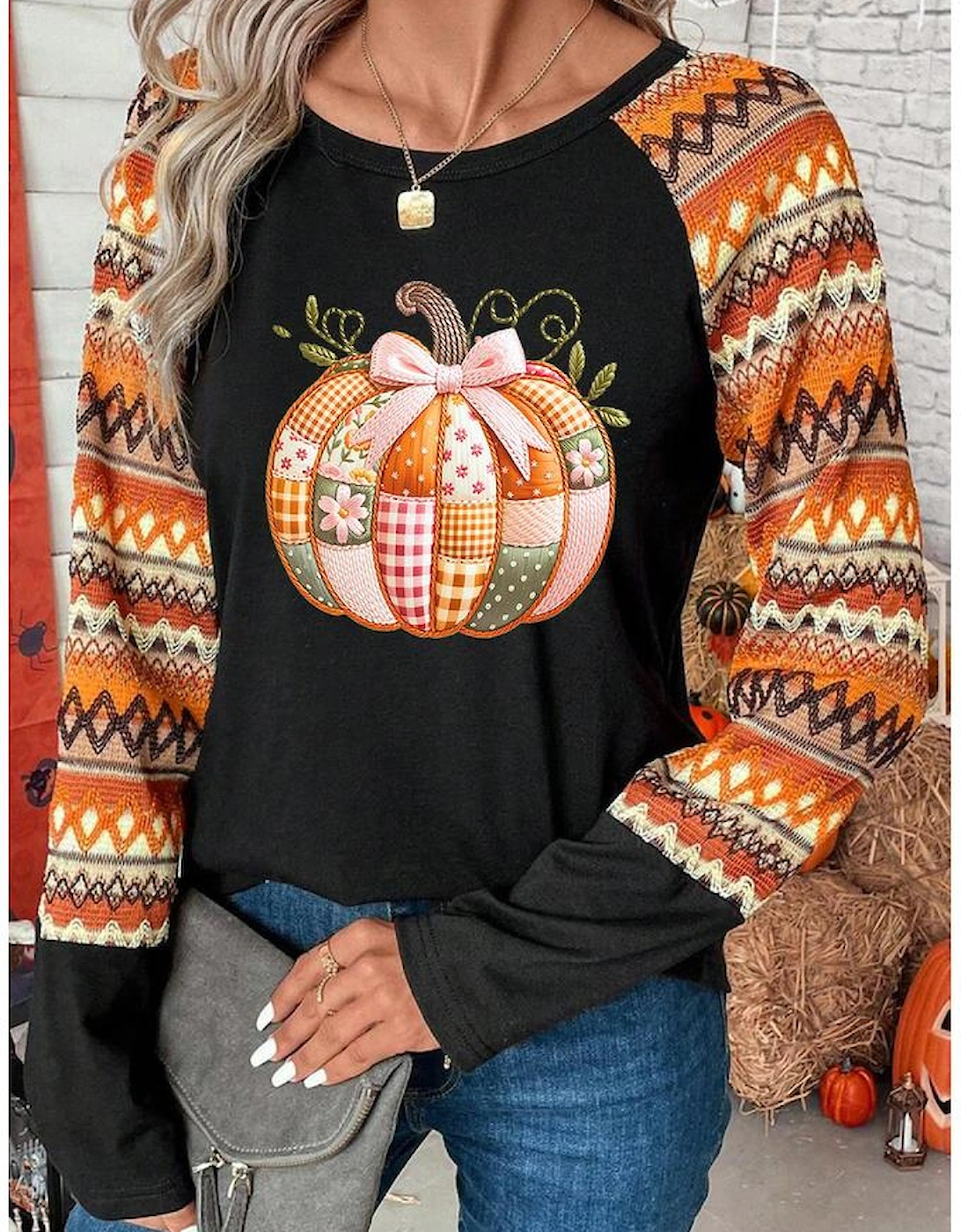 Orange Cute Pumpkin Graphic Geo Print Raglan Long Sleeve Tee