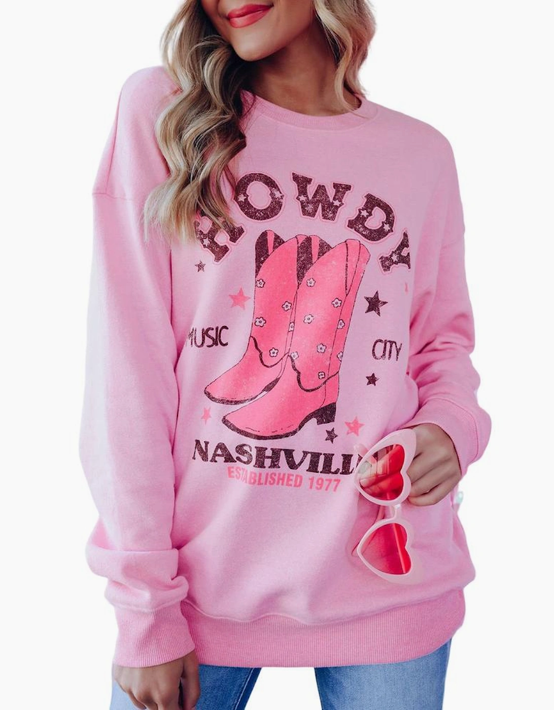 Pink HOWDY NASHVILLE Vintage Western Graphic Sweatshirt