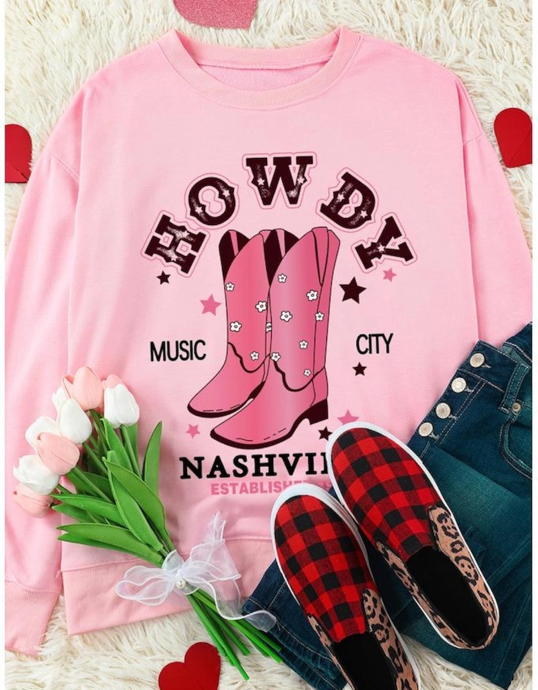 Pink HOWDY NASHVILLE Vintage Western Graphic Sweatshirt