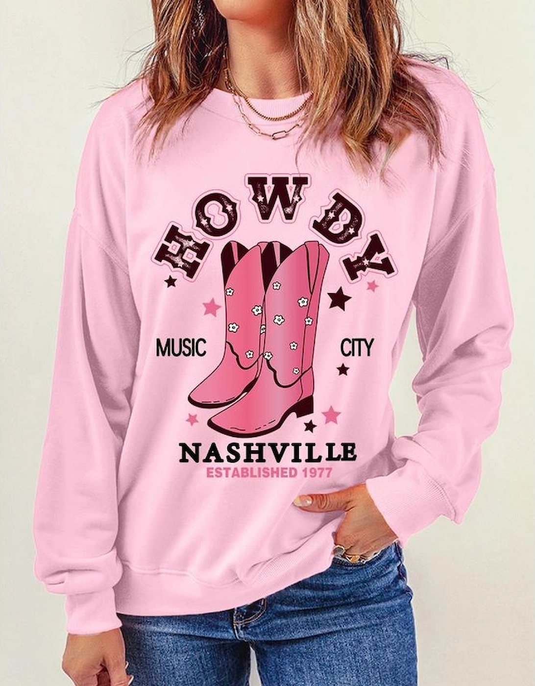 Pink HOWDY NASHVILLE Vintage Western Graphic Sweatshirt