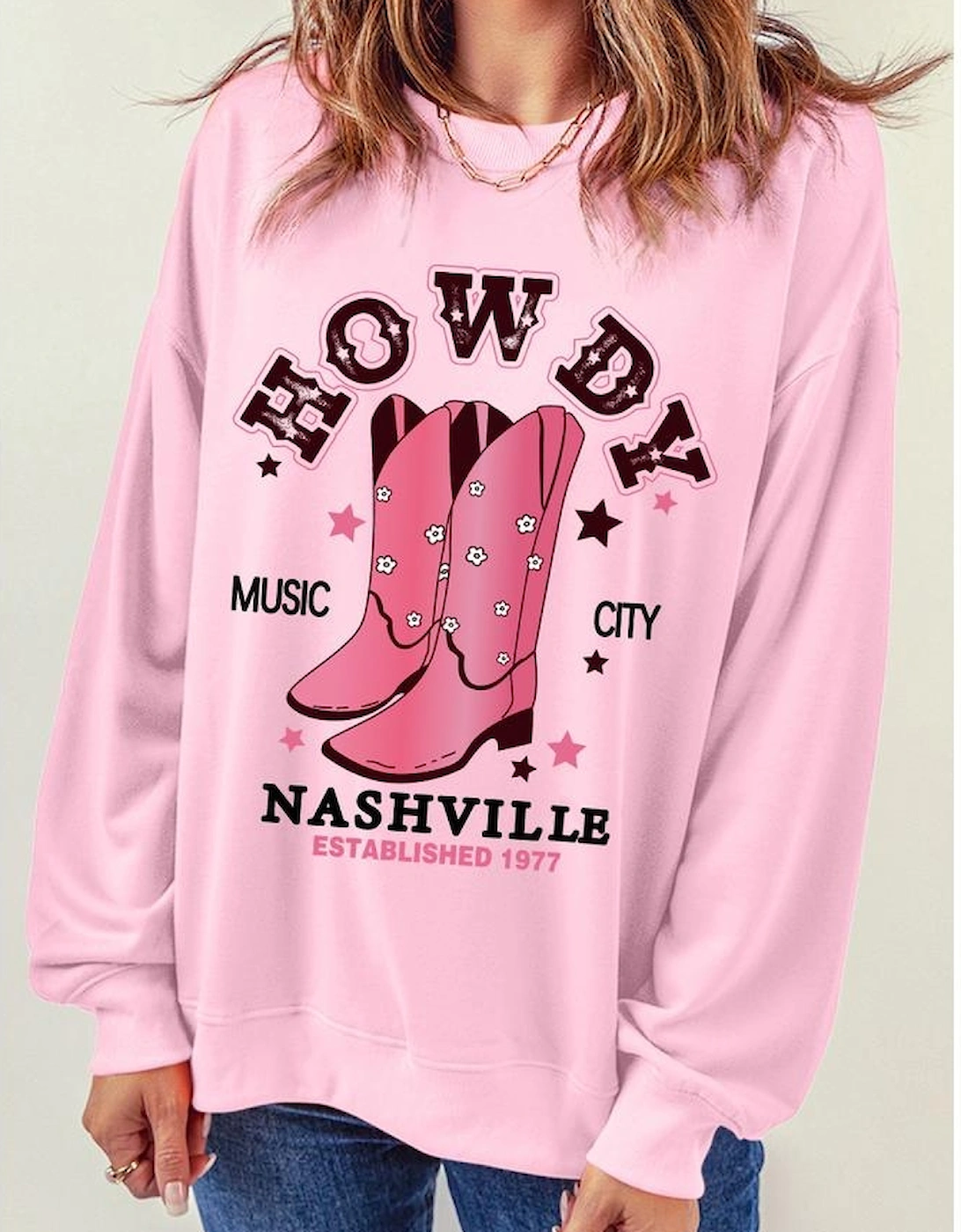 Pink HOWDY NASHVILLE Vintage Western Graphic Sweatshirt