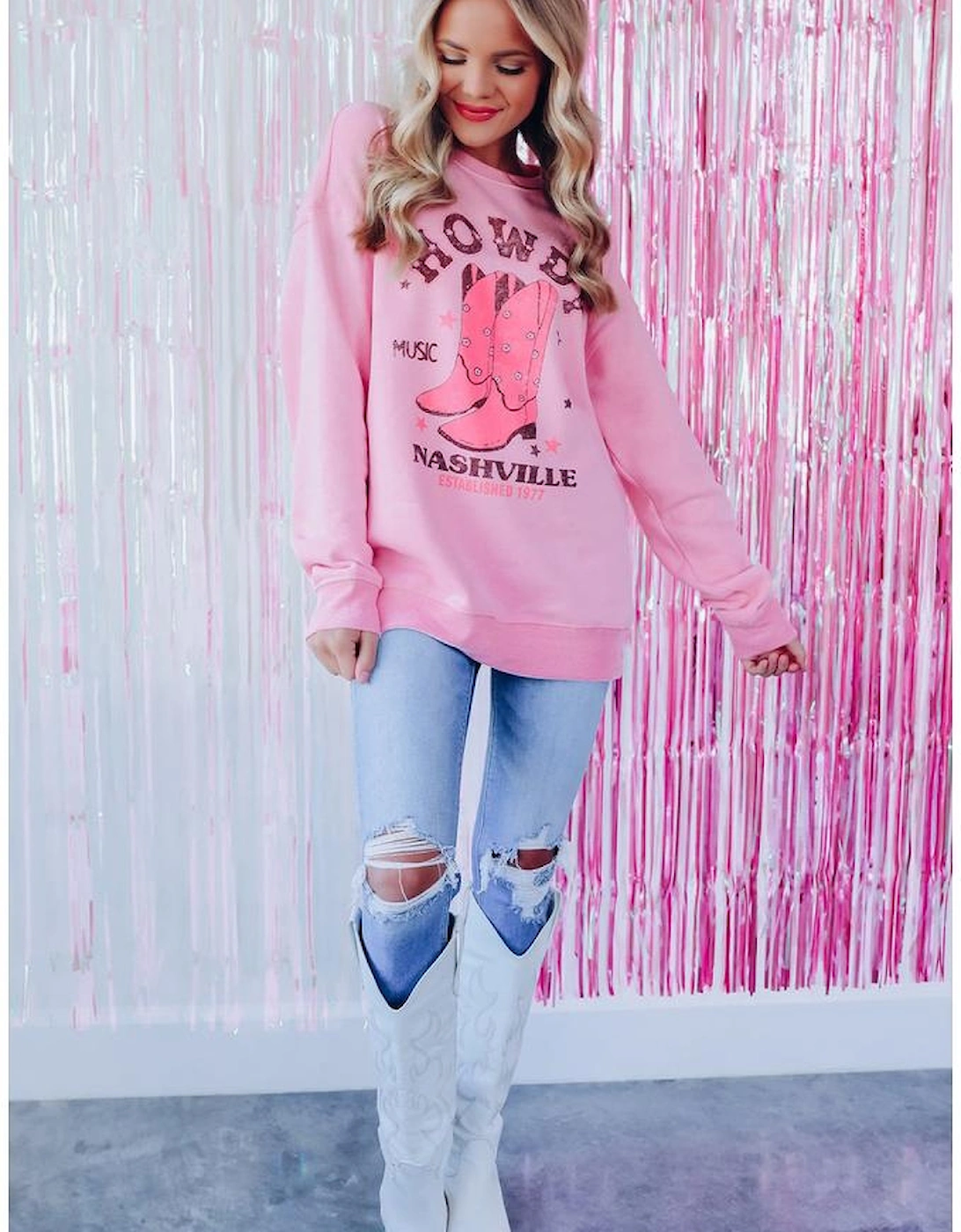 Pink HOWDY NASHVILLE Vintage Western Graphic Sweatshirt