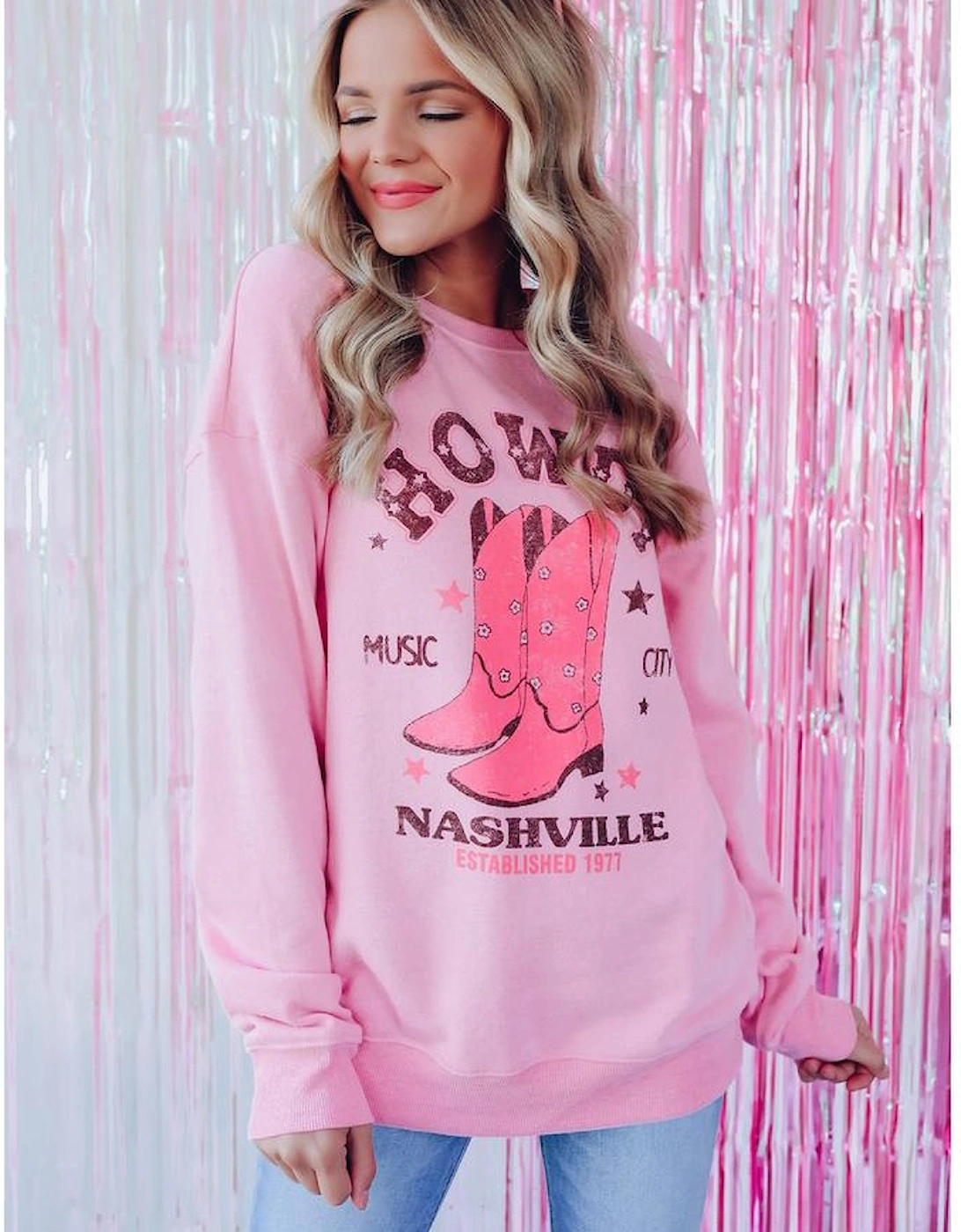 Pink HOWDY NASHVILLE Vintage Western Graphic Sweatshirt