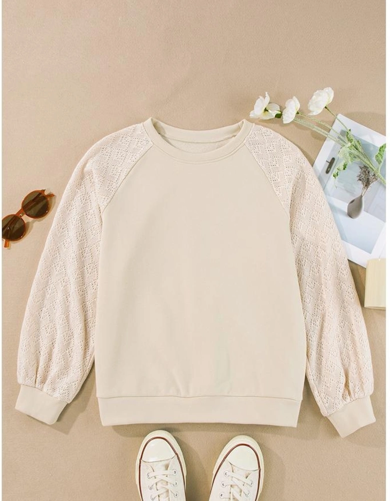 Parchment Eyelet Knit Patchwork Raglan Sleeve Pullover Top