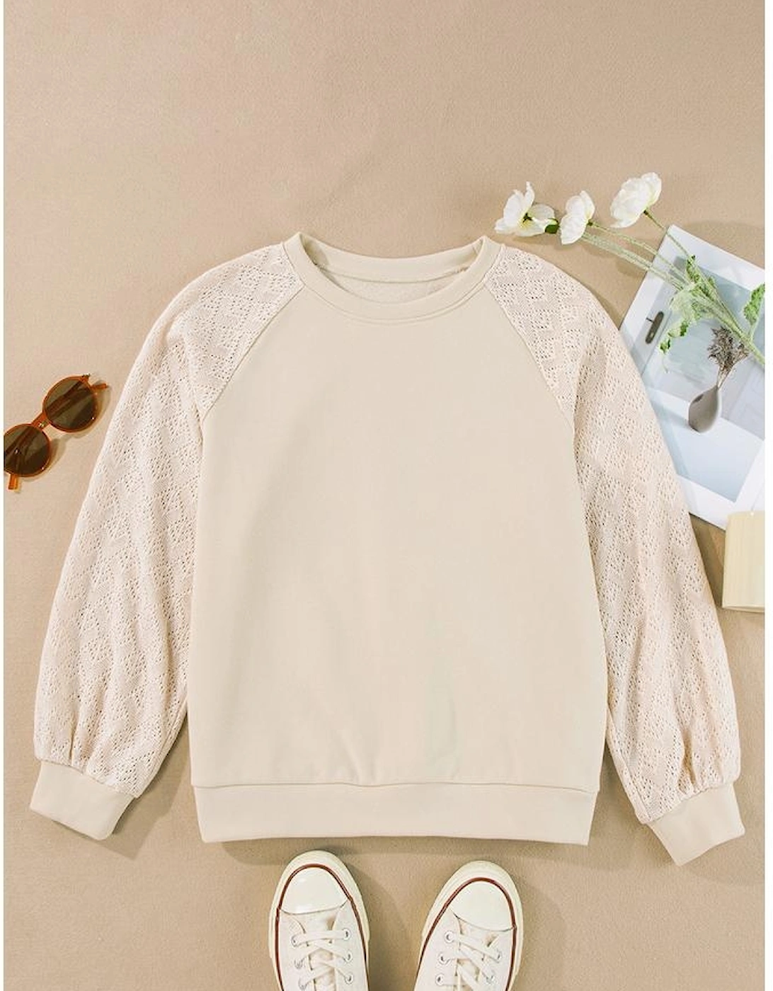 Parchment Eyelet Knit Patchwork Raglan Sleeve Pullover Top
