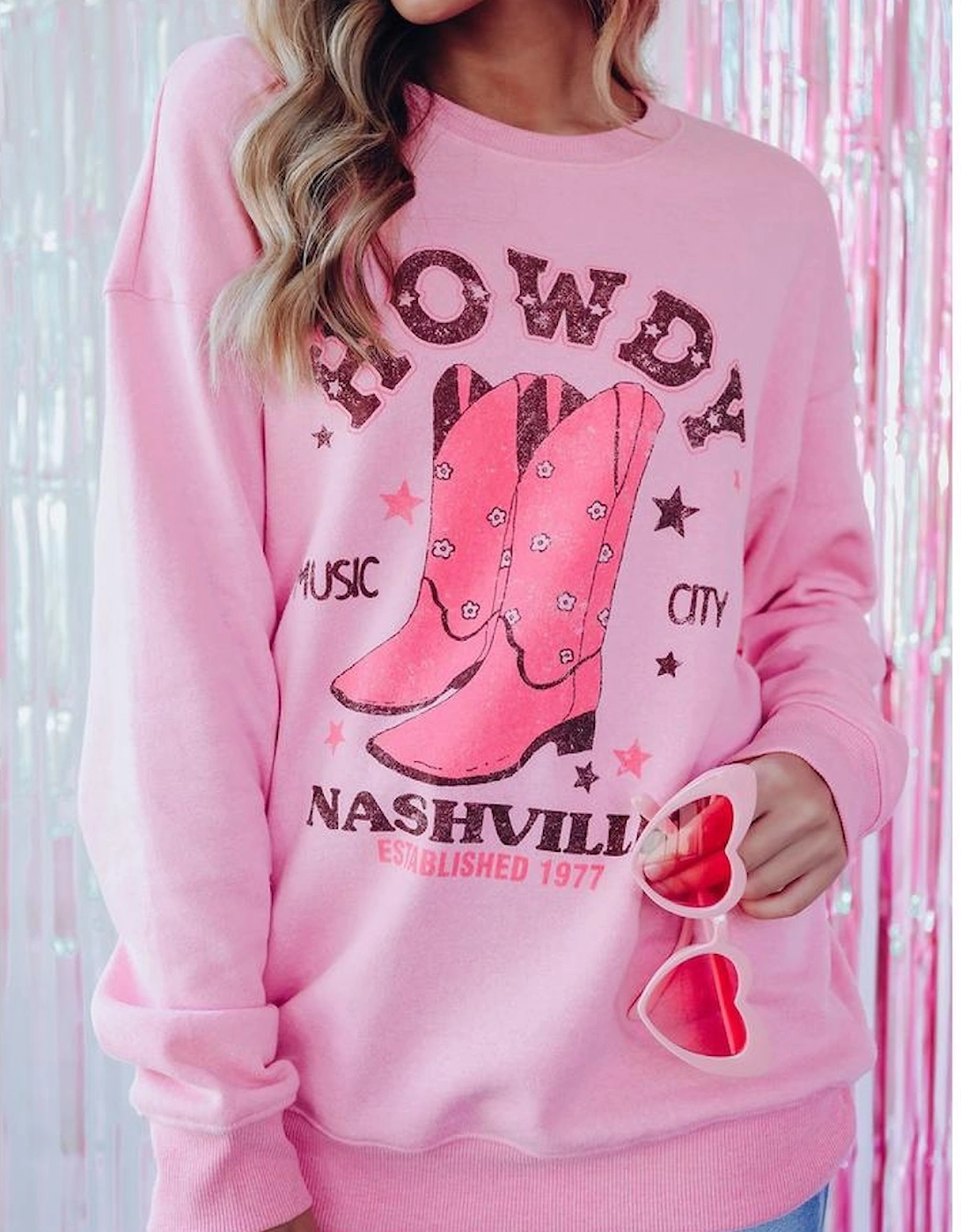 Pink HOWDY NASHVILLE Vintage Western Graphic Sweatshirt