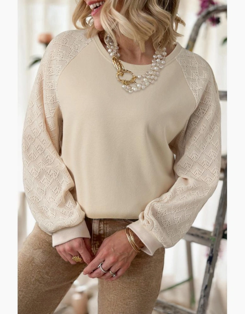 Parchment Eyelet Knit Patchwork Raglan Sleeve Pullover Top