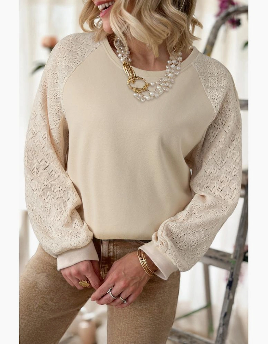 Parchment Eyelet Knit Patchwork Raglan Sleeve Pullover Top, 10 of 9