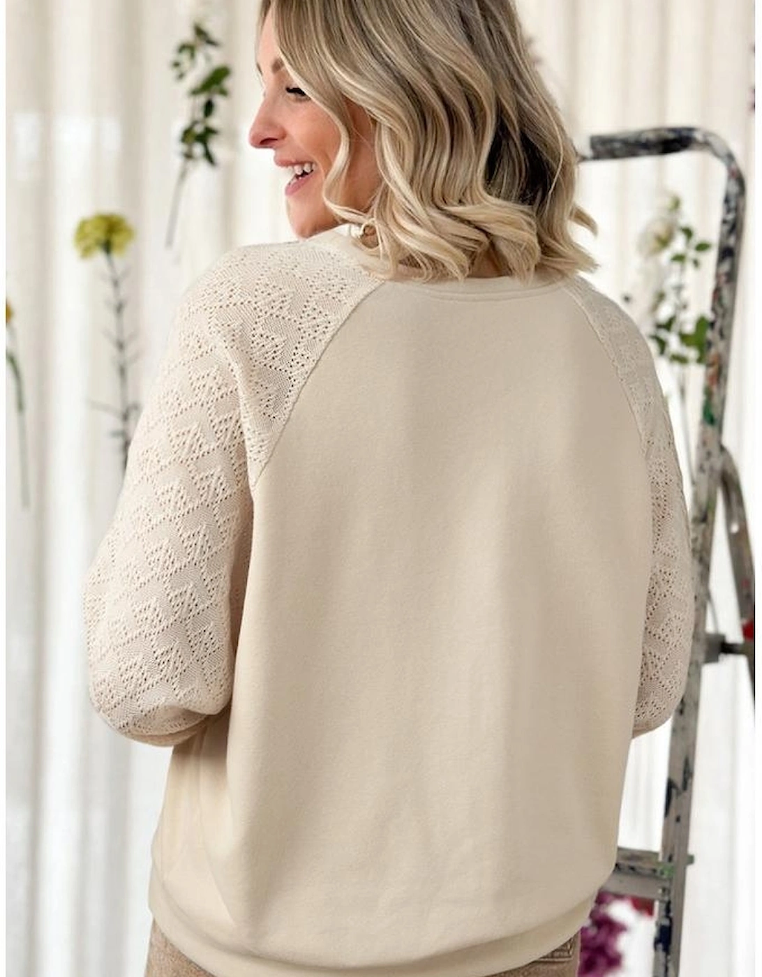 Parchment Eyelet Knit Patchwork Raglan Sleeve Pullover Top