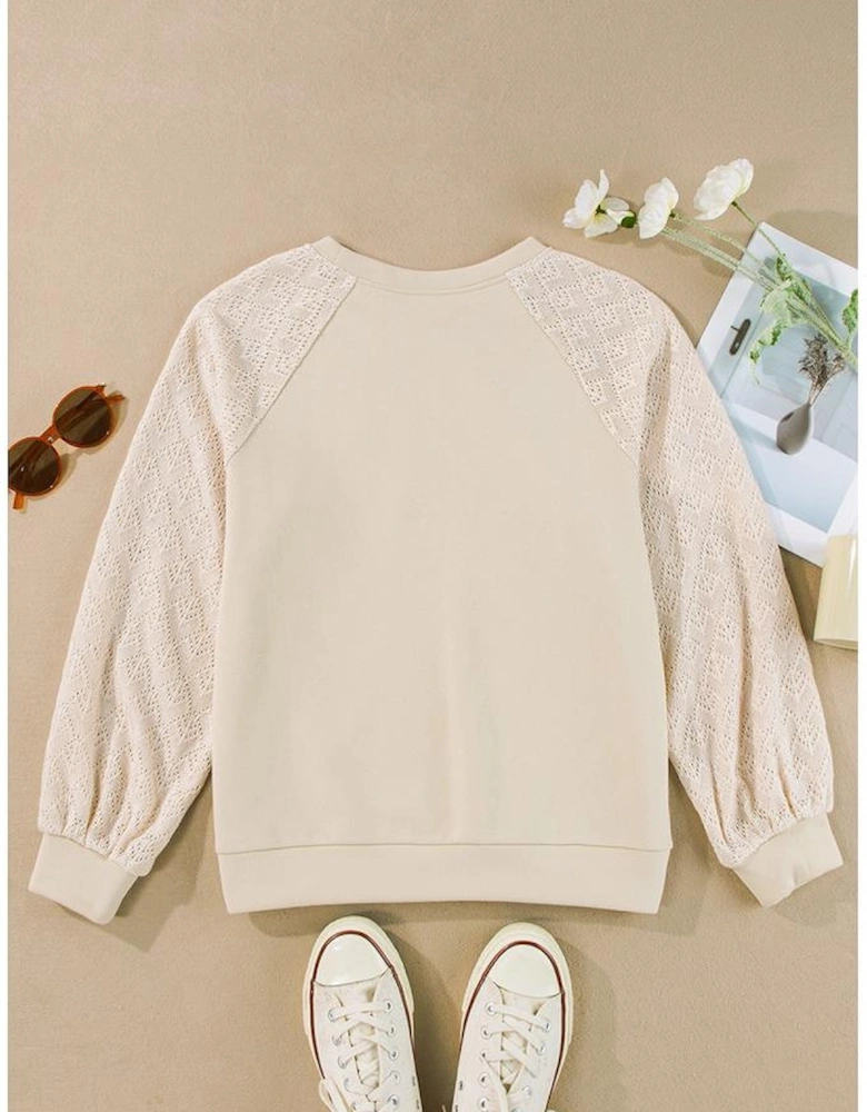 Parchment Eyelet Knit Patchwork Raglan Sleeve Pullover Top