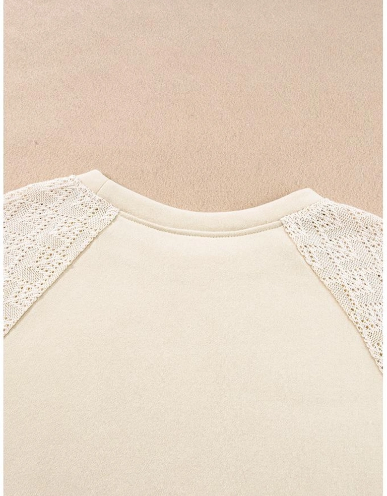 Parchment Eyelet Knit Patchwork Raglan Sleeve Pullover Top
