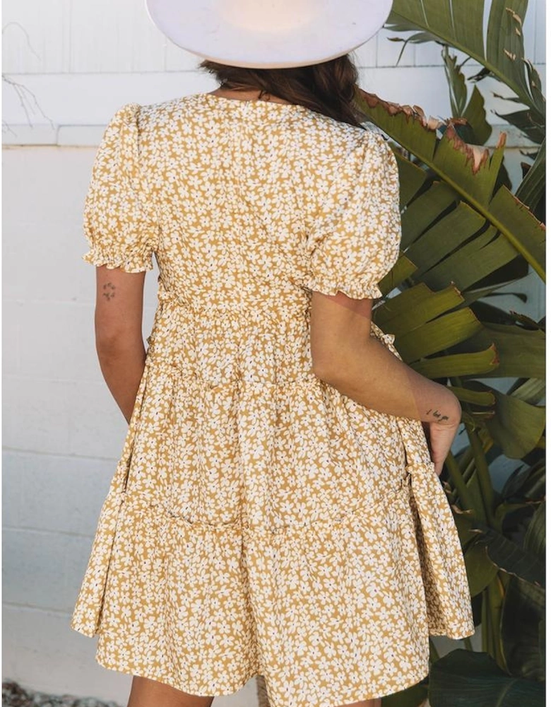 Yellow Floral Short Sleeve V Neck Frilly Tiered Mini Dress
