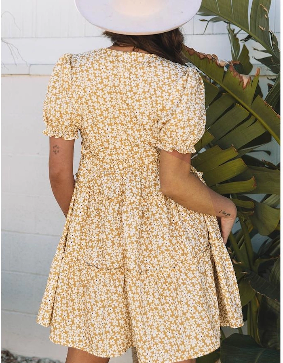 Yellow Floral Short Sleeve V Neck Frilly Tiered Mini Dress, 16 of 15