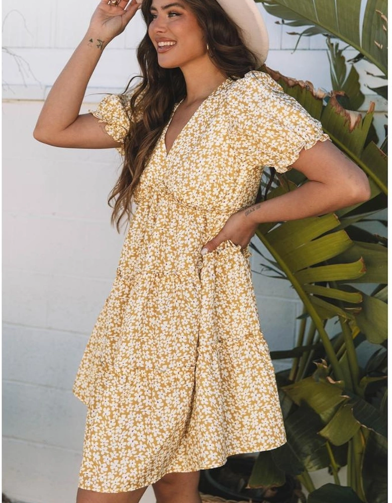 Yellow Floral Short Sleeve V Neck Frilly Tiered Mini Dress