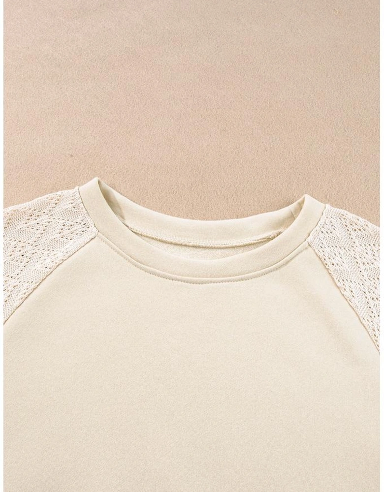 Parchment Eyelet Knit Patchwork Raglan Sleeve Pullover Top