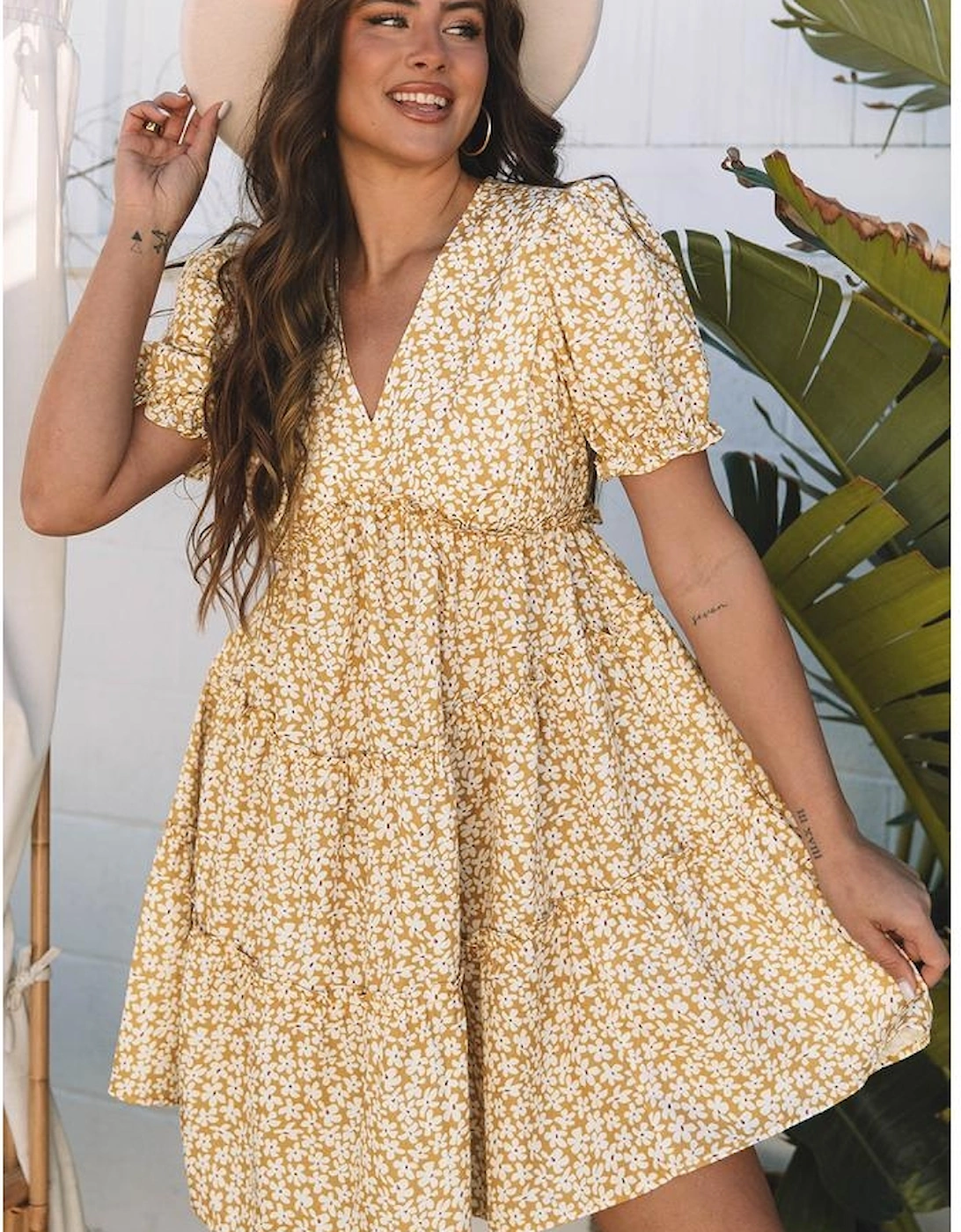 Yellow Floral Short Sleeve V Neck Frilly Tiered Mini Dress