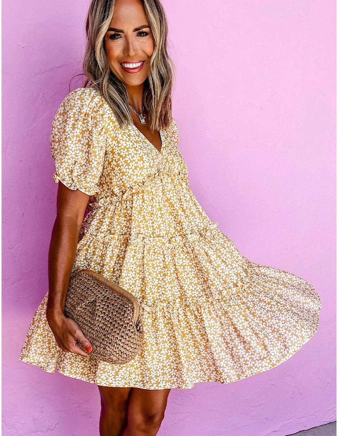 Yellow Floral Short Sleeve V Neck Frilly Tiered Mini Dress