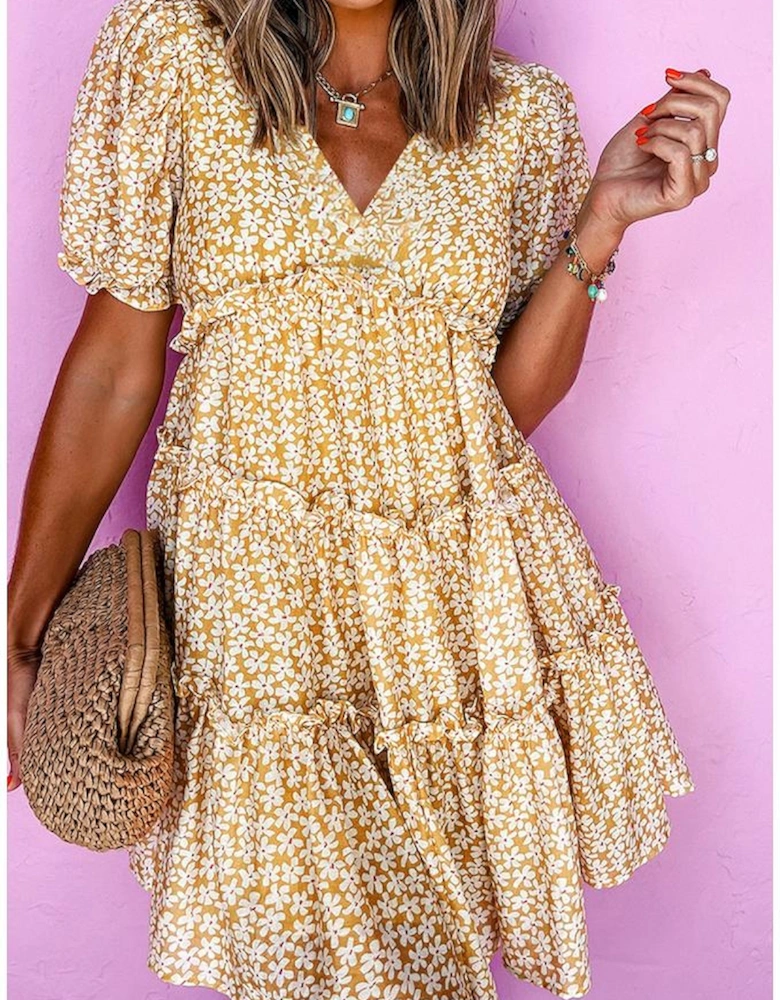 Yellow Floral Short Sleeve V Neck Frilly Tiered Mini Dress