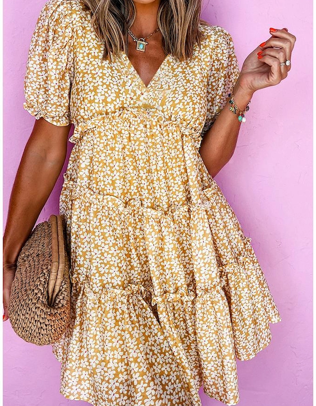 Yellow Floral Short Sleeve V Neck Frilly Tiered Mini Dress