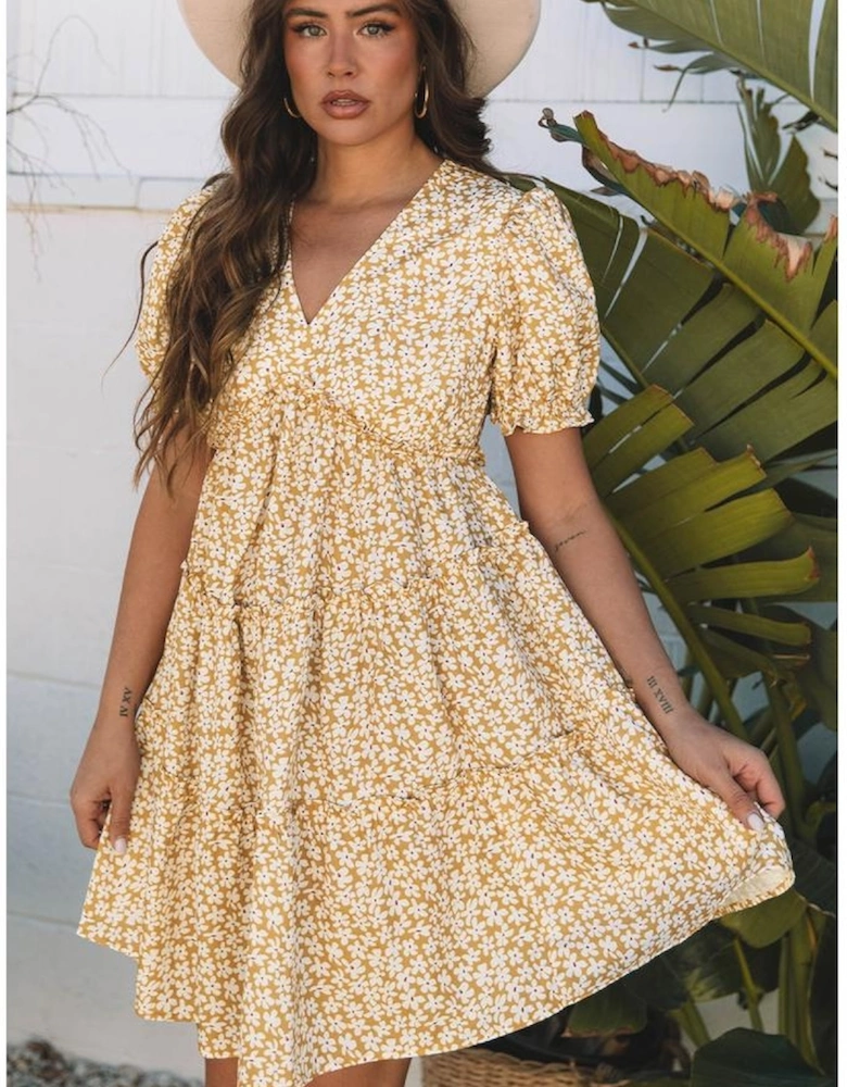 Yellow Floral Short Sleeve V Neck Frilly Tiered Mini Dress