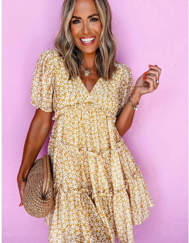 Yellow Floral Short Sleeve V Neck Frilly Tiered Mini Dress