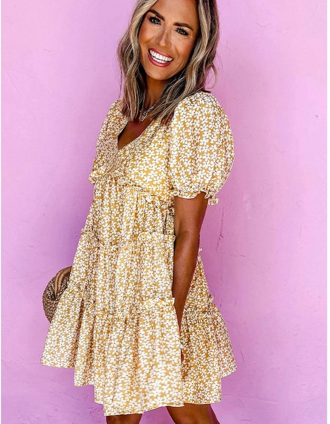 Yellow Floral Short Sleeve V Neck Frilly Tiered Mini Dress