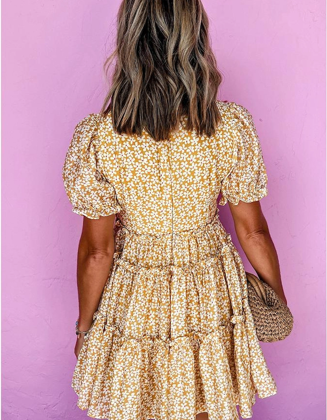 Yellow Floral Short Sleeve V Neck Frilly Tiered Mini Dress