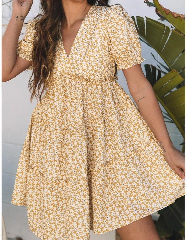 Yellow Floral Short Sleeve V Neck Frilly Tiered Mini Dress