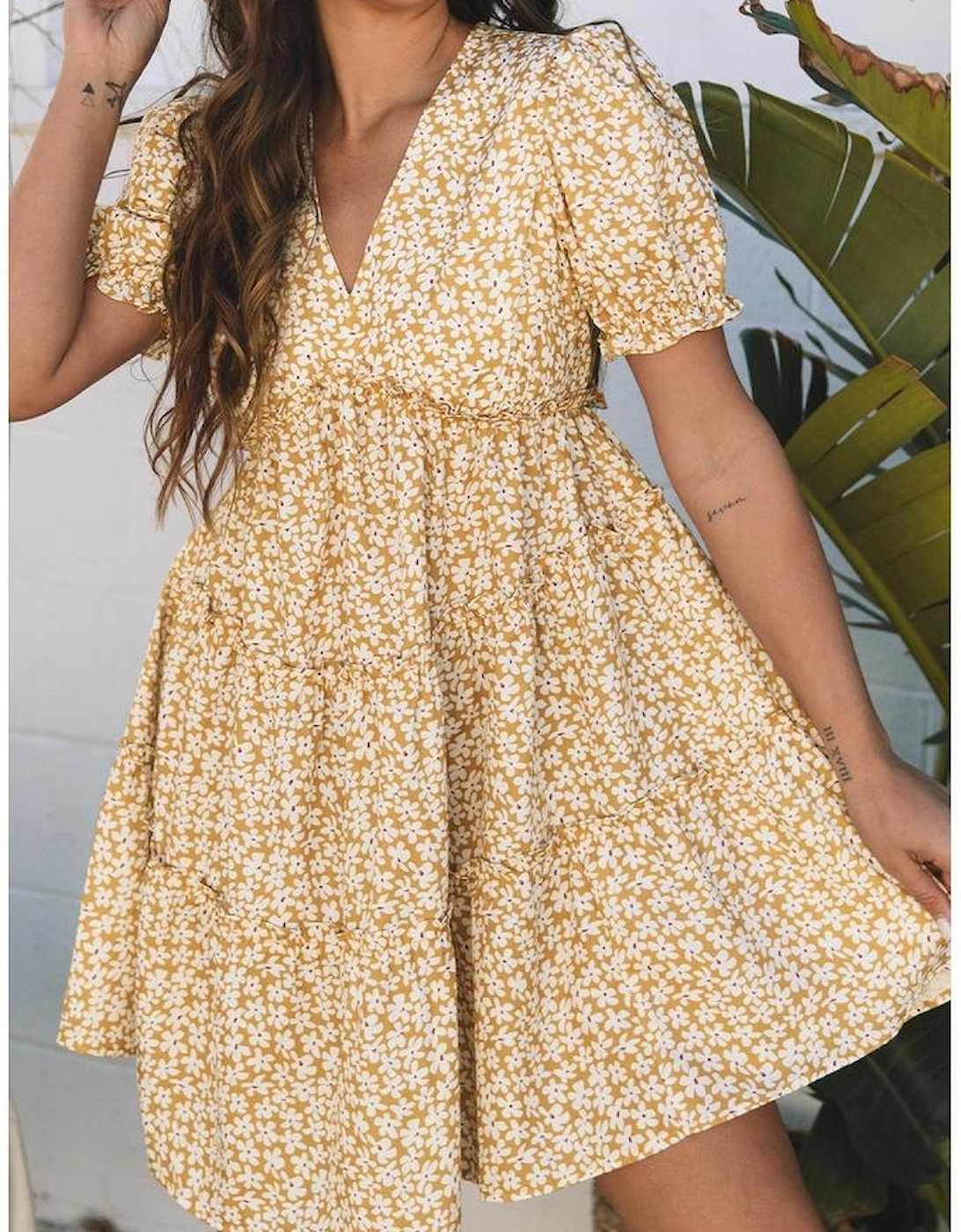 Yellow Floral Short Sleeve V Neck Frilly Tiered Mini Dress