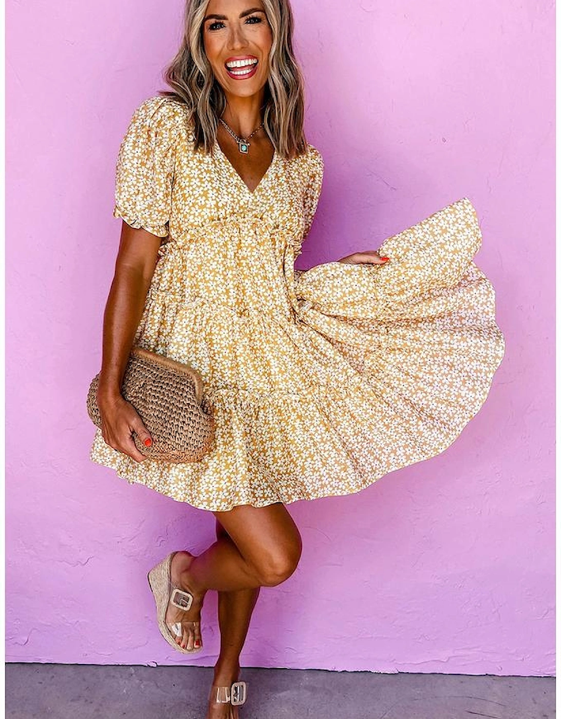 Yellow Floral Short Sleeve V Neck Frilly Tiered Mini Dress