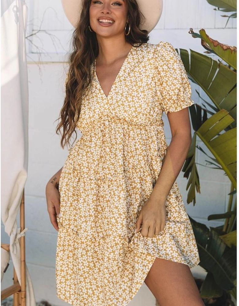 Yellow Floral Short Sleeve V Neck Frilly Tiered Mini Dress