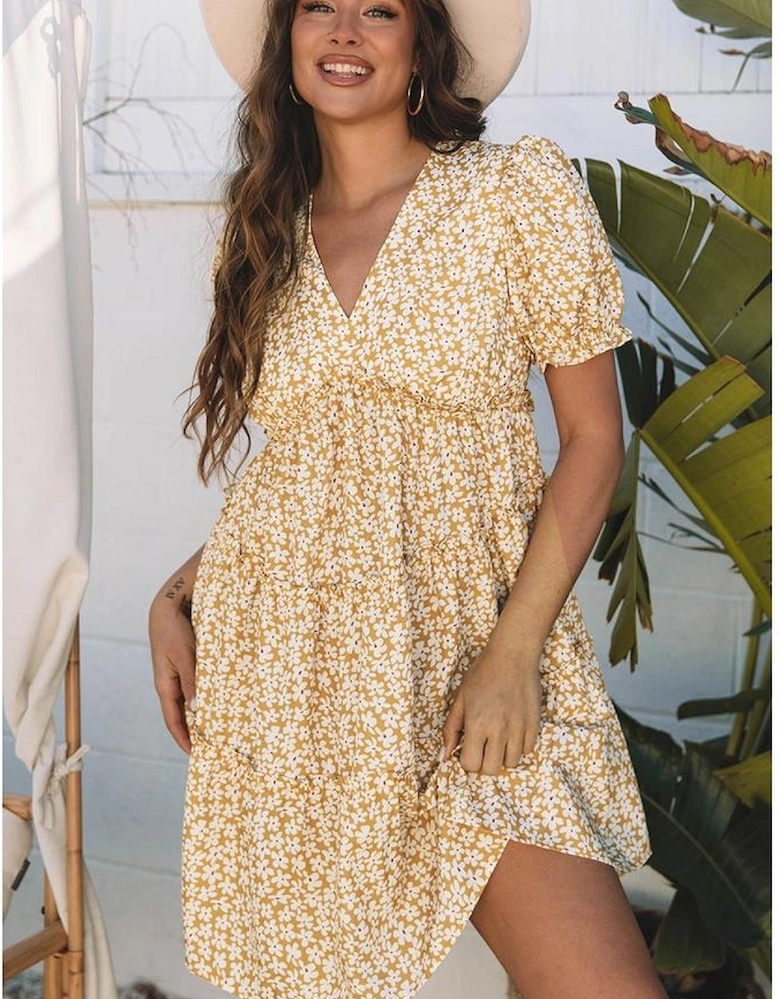Yellow Floral Short Sleeve V Neck Frilly Tiered Mini Dress
