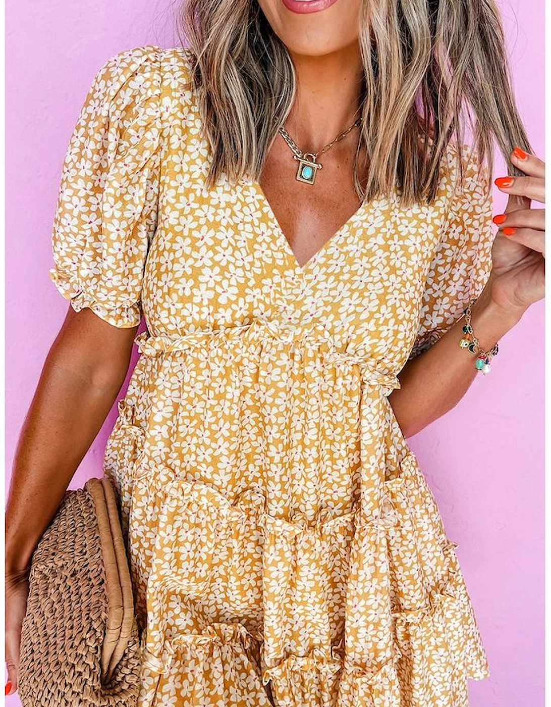 Yellow Floral Short Sleeve V Neck Frilly Tiered Mini Dress
