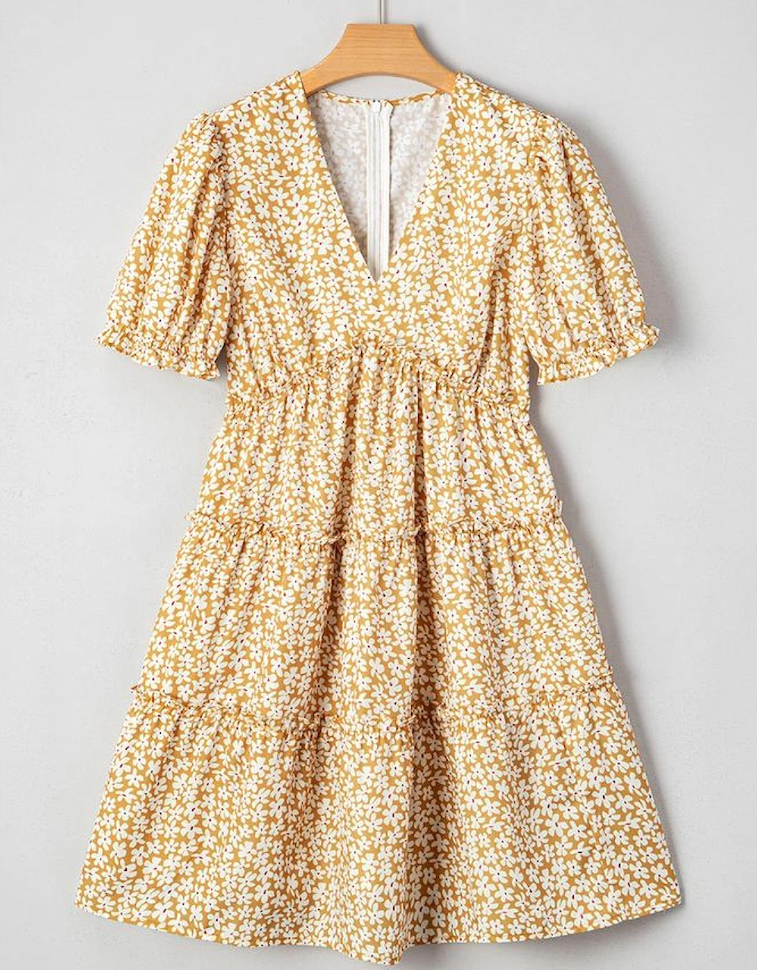 Yellow Floral Short Sleeve V Neck Frilly Tiered Mini Dress
